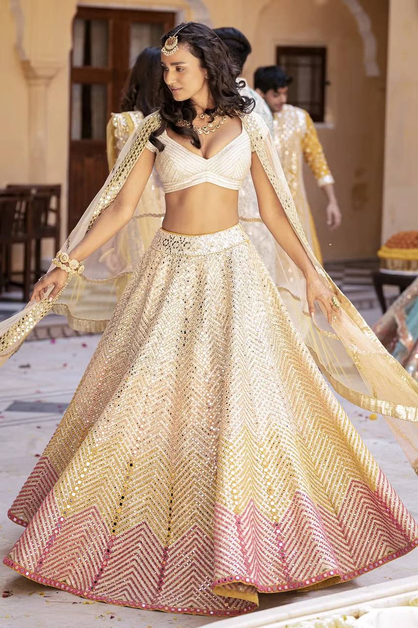 Party Wear Designer Lehenga Choli With Paper Mirror & Multi Thread Work