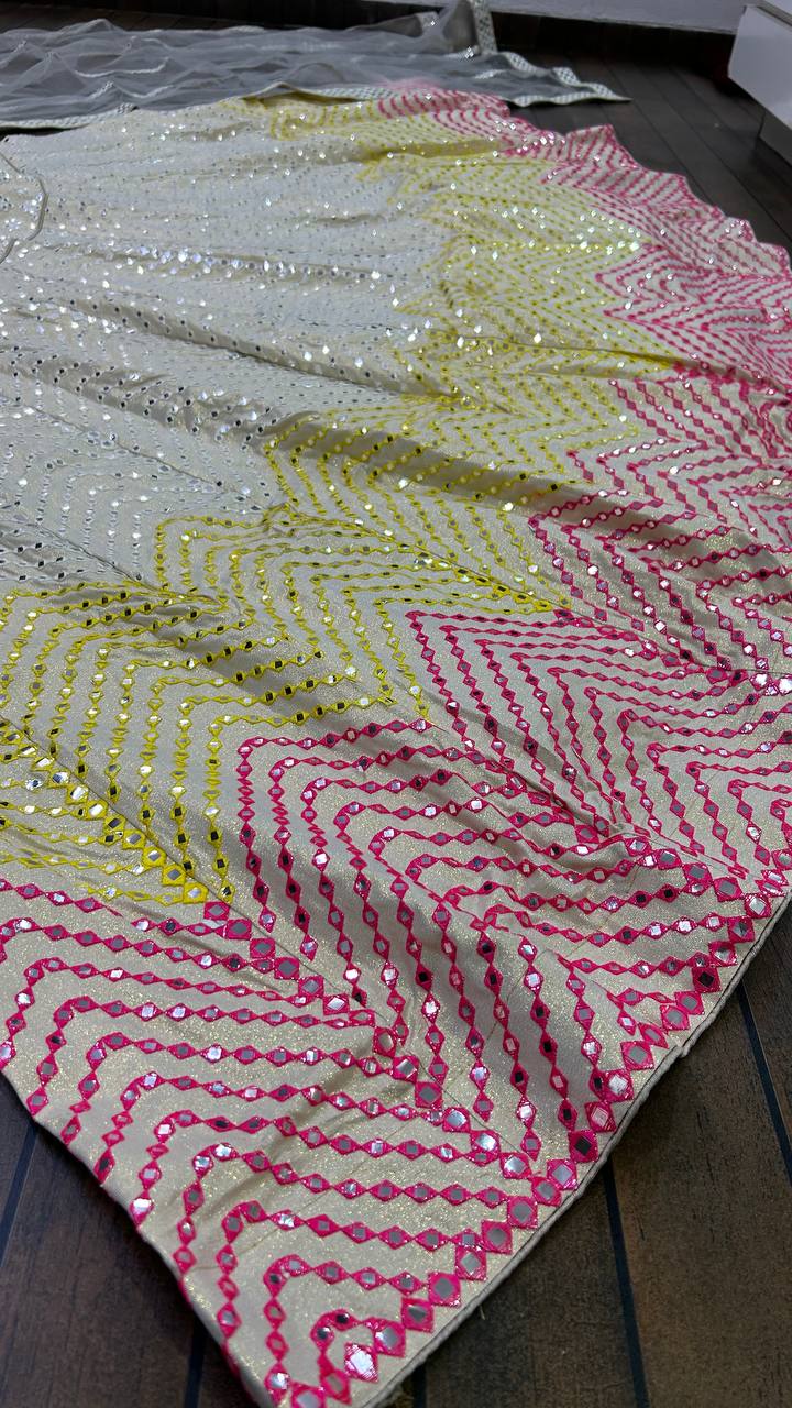 Party Wear Designer Lehenga Choli With Paper Mirror & Multi Thread Work