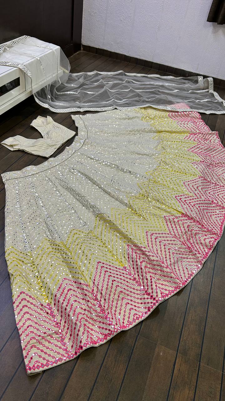 Party Wear Designer Lehenga Choli With Paper Mirror & Multi Thread Work