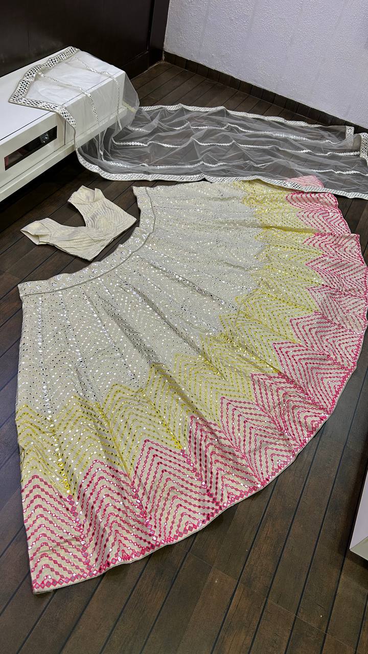 Party Wear Designer Lehenga Choli With Paper Mirror & Multi Thread Work