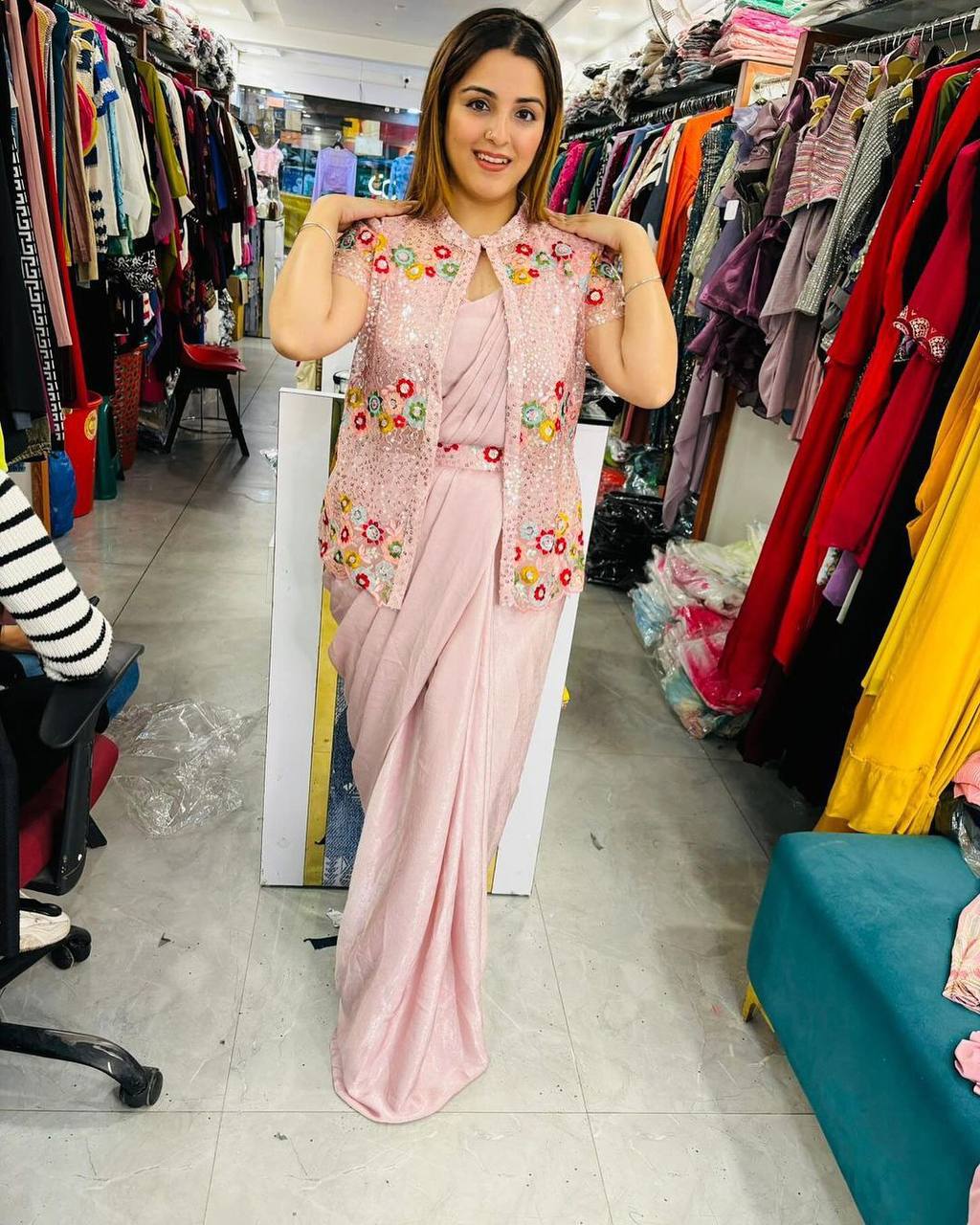 Party Wear Look Ready To Wear Saree With Embroidery Work