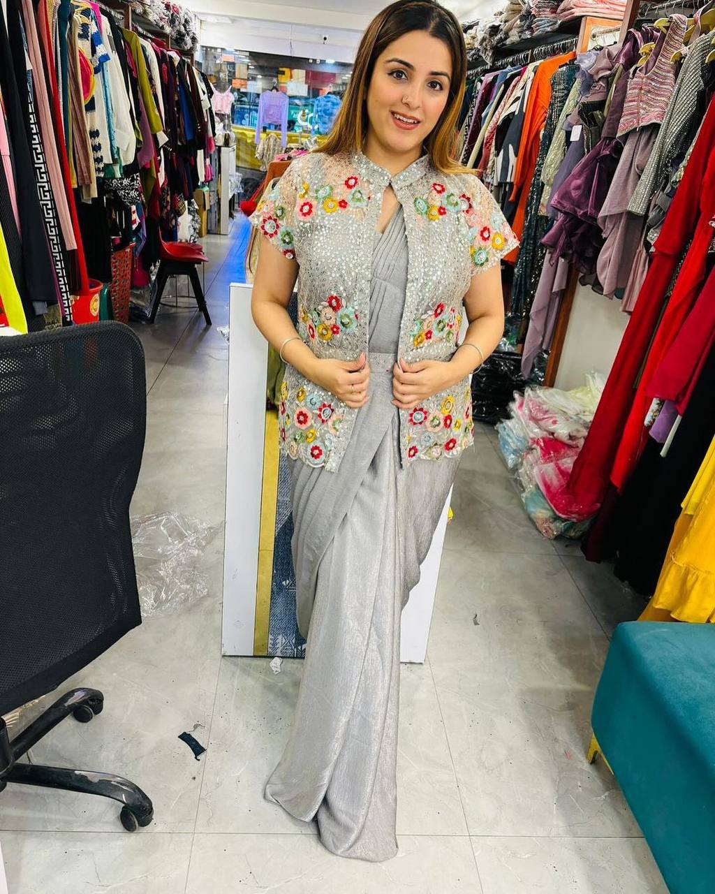 Party Wear Look Ready To Wear Saree With Embroidery Work