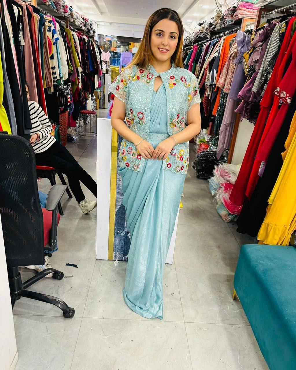 Party Wear Look Ready To Wear Saree With Embroidery Work