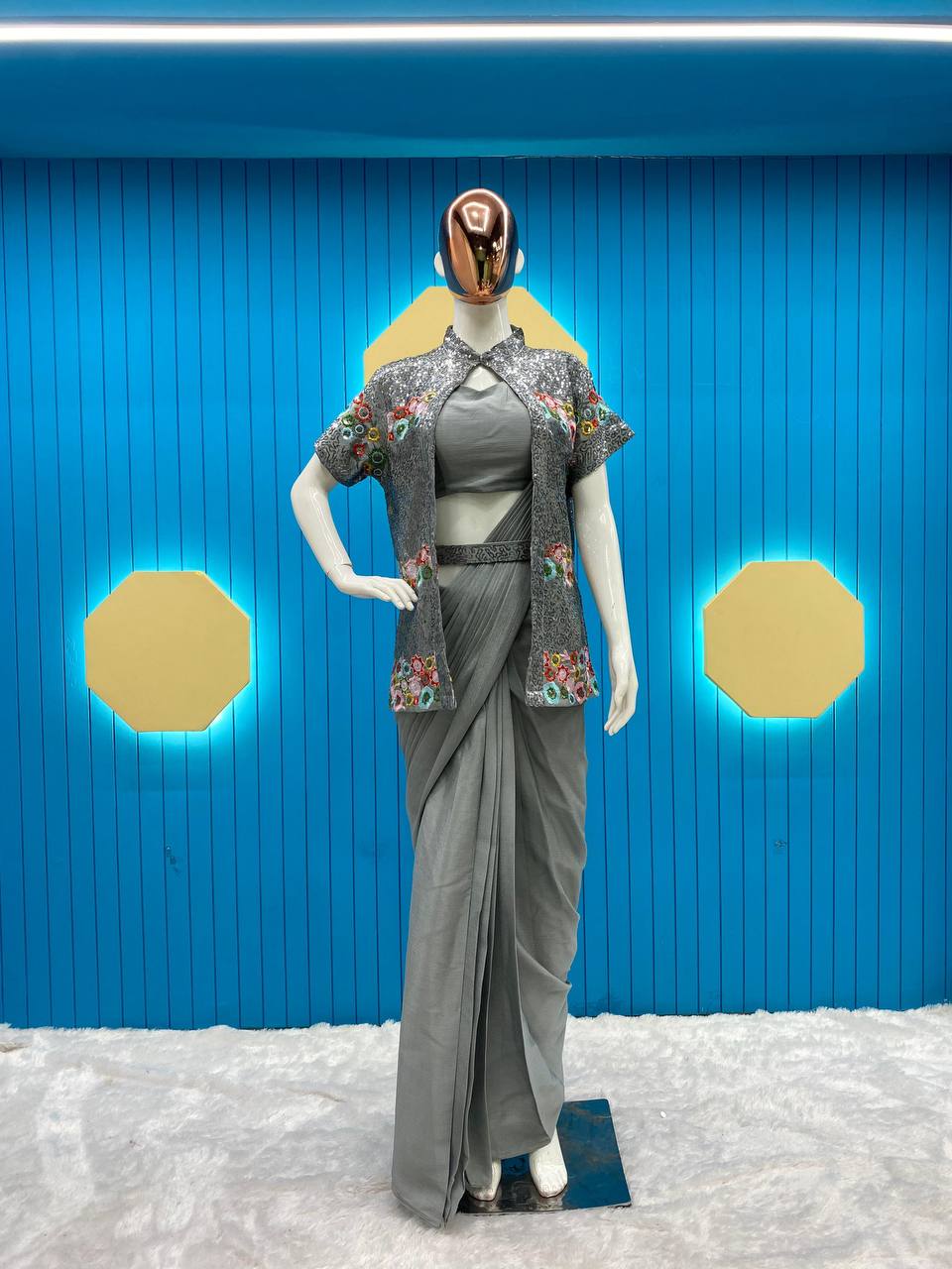 Party Wear Look Ready To Wear Saree With Embroidery Work