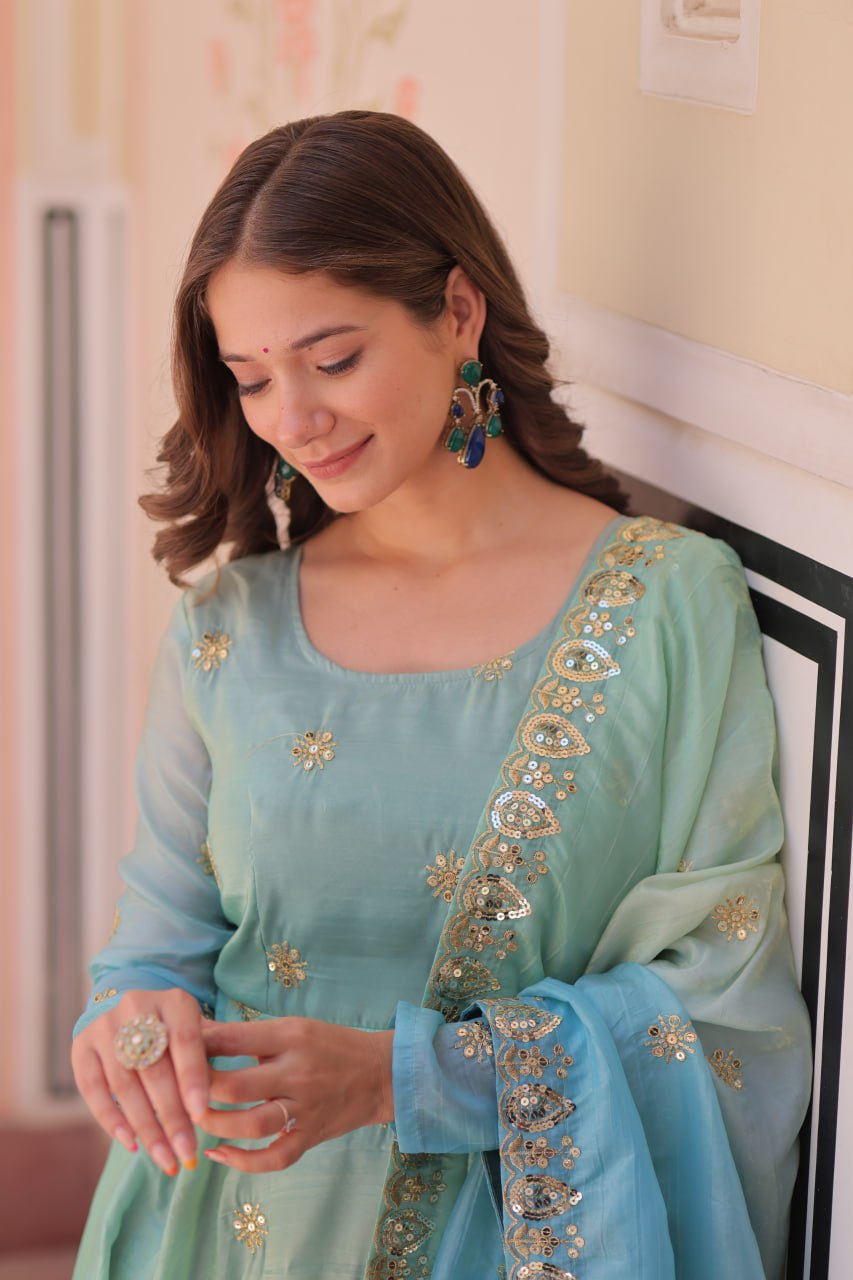 Party Wear Gown And Dupatta With Sequins-Multi Embroidered Work