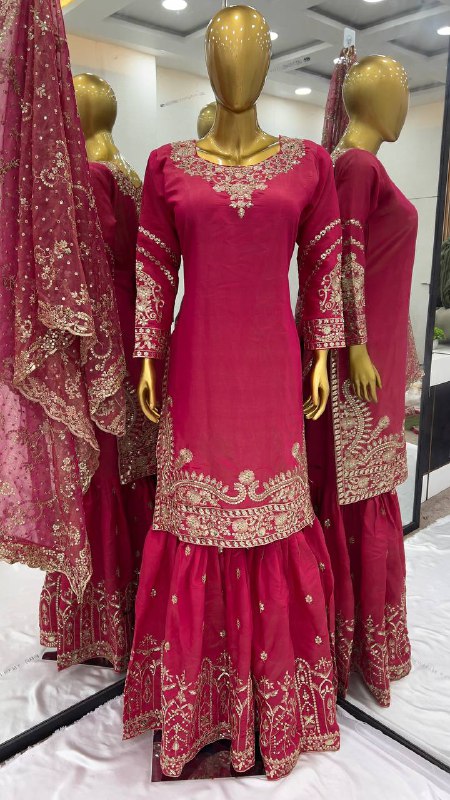 Designer Party Wear Look Top-Plazzo And Dupatta With Heavy Embroidery Work