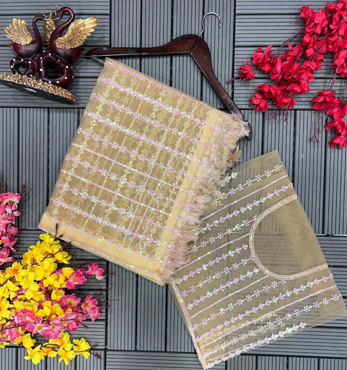 Party Wear Look Saree With Sequence Embroidery Work