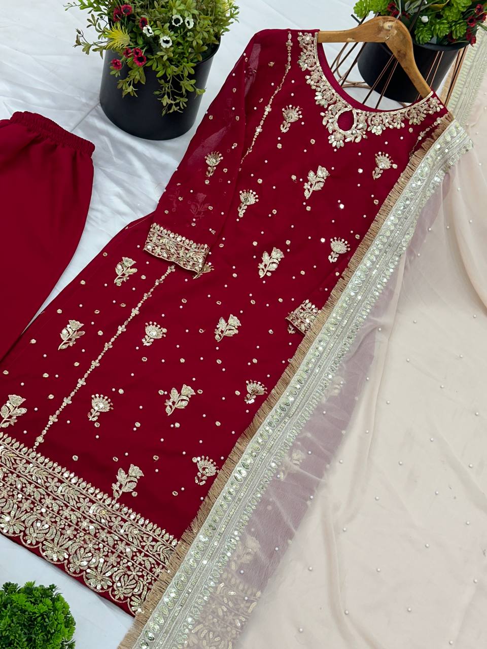 Designer Party Wear Look Top-Plazzo And Dupatta With Heavy Embroidery Work