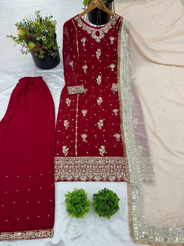 Designer Party Wear Look Top-Plazzo And Dupatta With Heavy Embroidery Work
