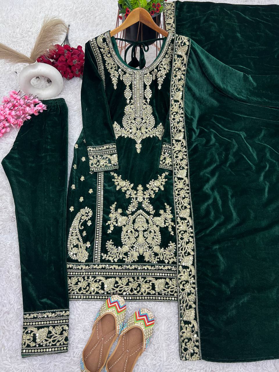 Beautiful Top-Bottom And Dupatta With Embroidery Cording Sequence Work