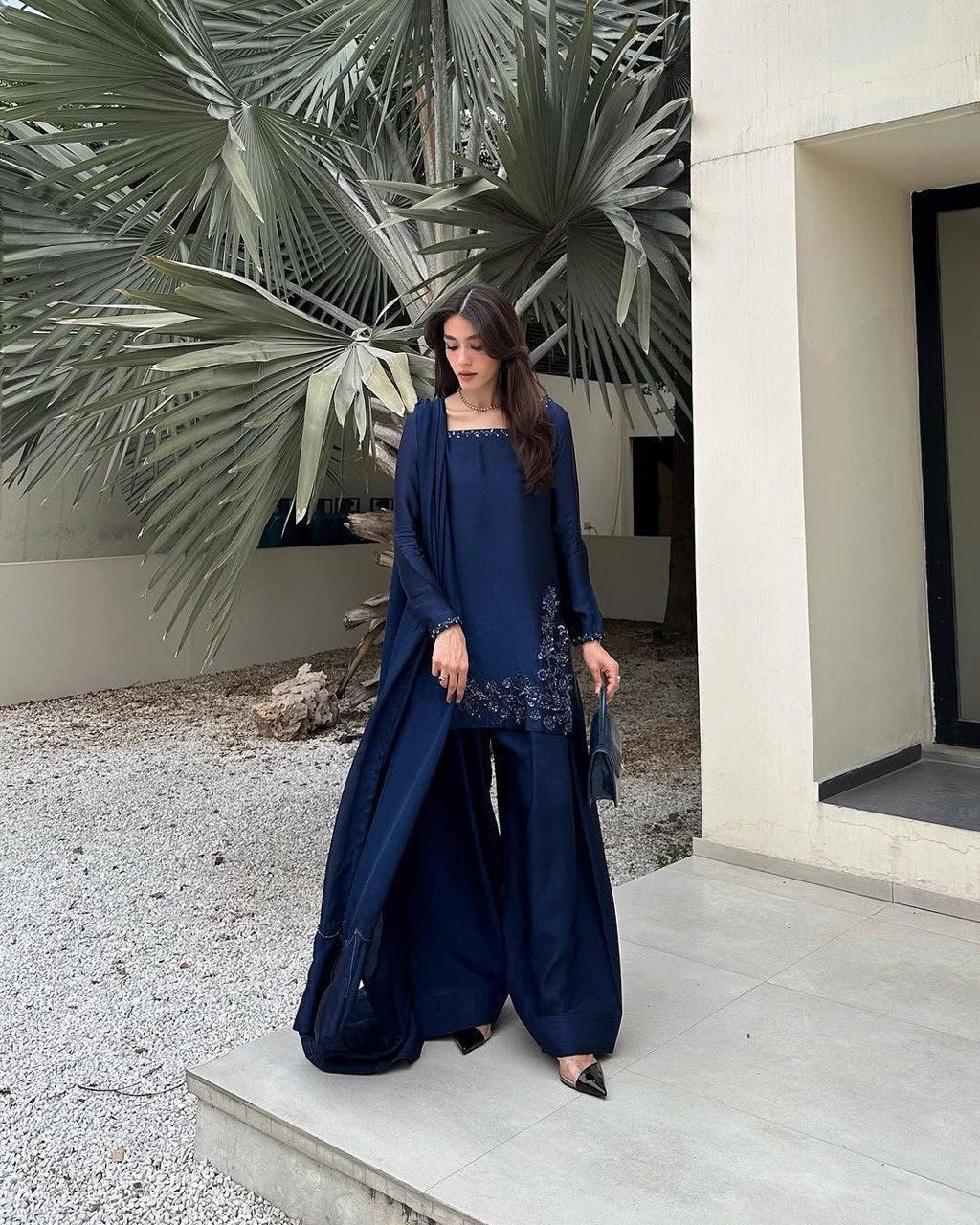 Party Wear Look Suit Set With Beads With Moti And Thread Work