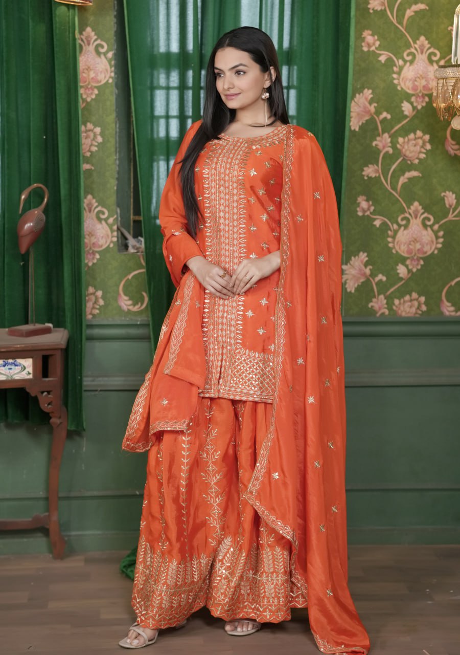 Designer Embroidered Chinon Sharara Suit With Sequence Embroidered Work
