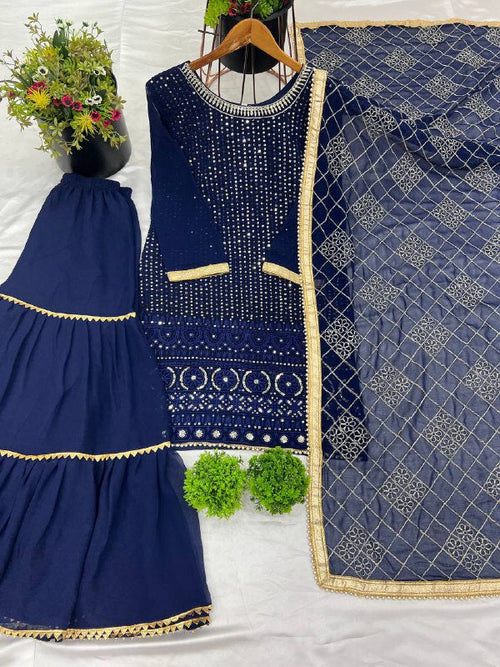 Designer Faux Georgette Heavy Top Plazzo With Dupatta