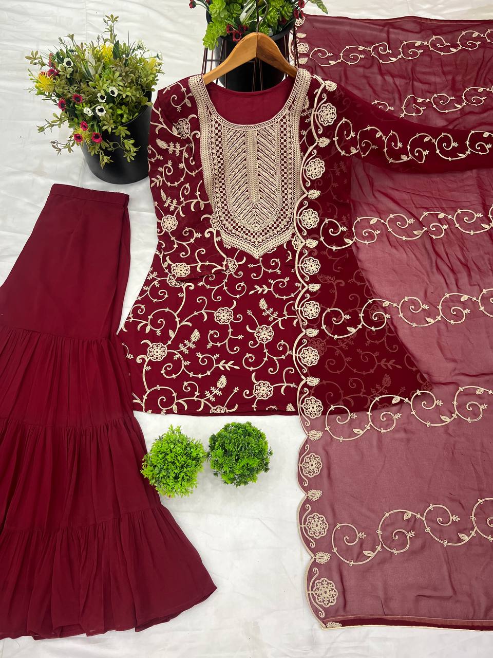 Designer Party Wear Look Top-Sharara And Dupatta With Heavy Embroidery Work