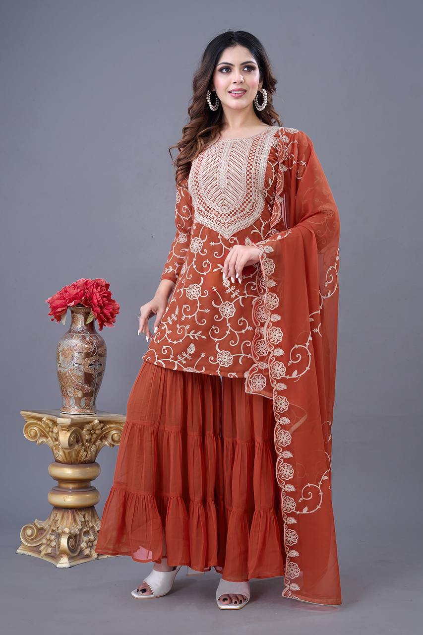 Designer Party Wear Look Top-Sharara And Dupatta With Heavy Embroidery Work