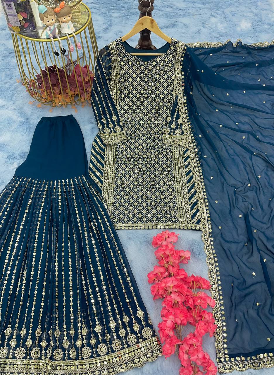 Designer Party Wear Look Top Plazzo & Dupatta Set