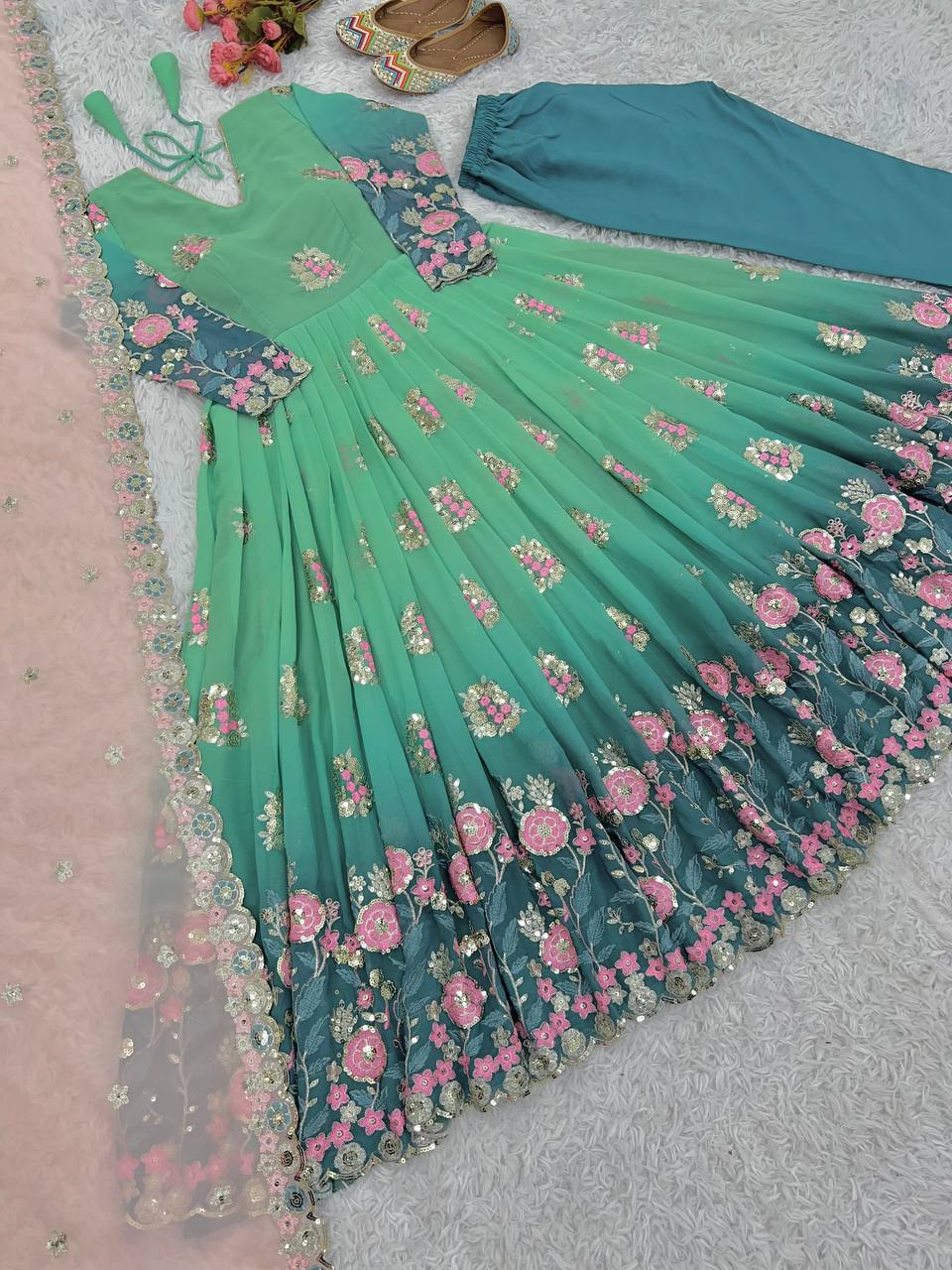Beautiful Party Wear Gown With Bottom And Dupatta