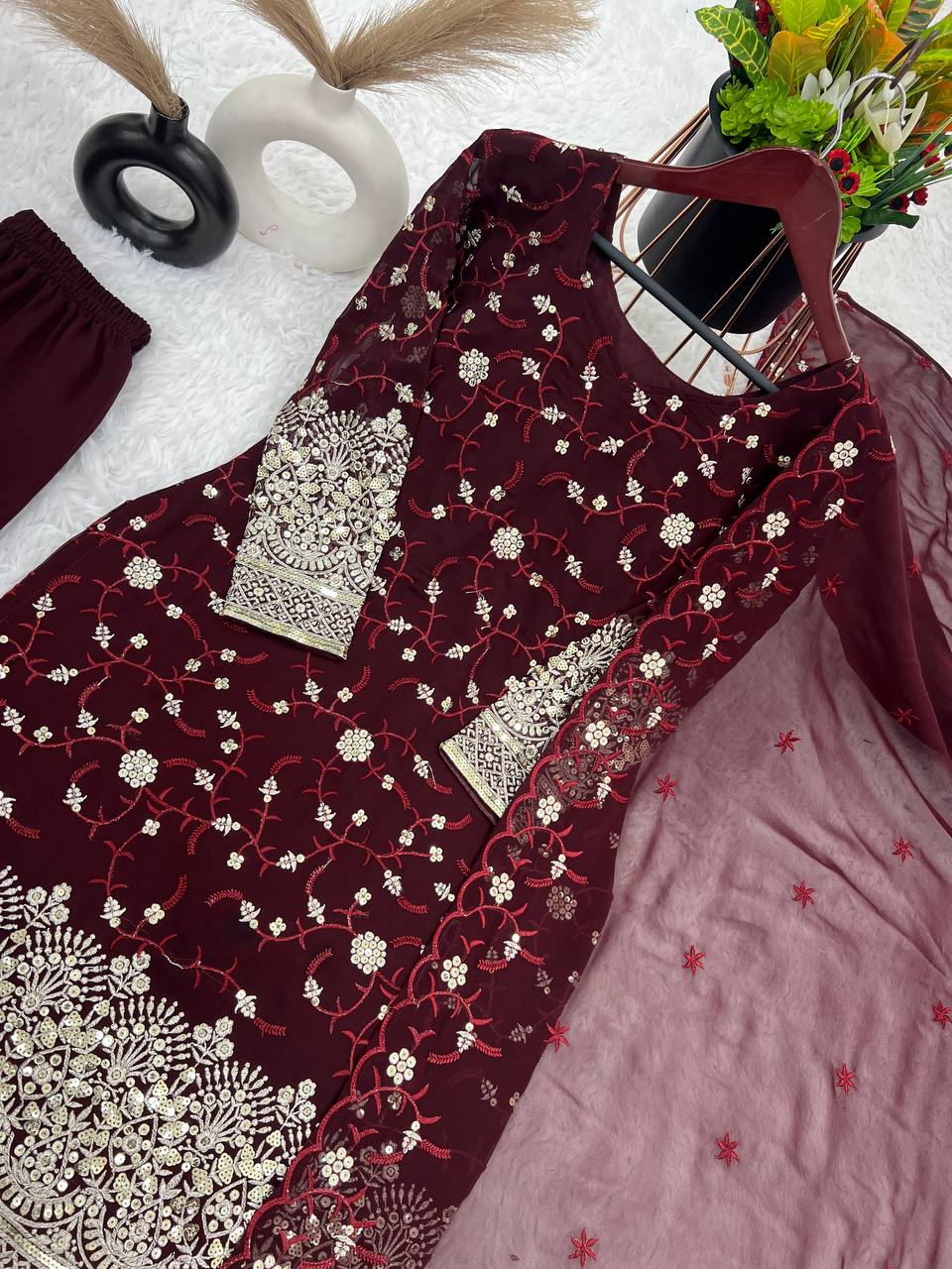 Beautiful Top-Plazzo And Dupatta With Heavy Embroidery Sequence Work