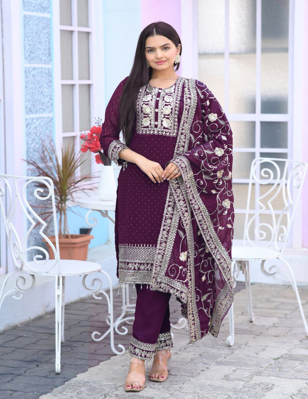 Designer Embroidered Suit With Embroidered Work And Stone Work
