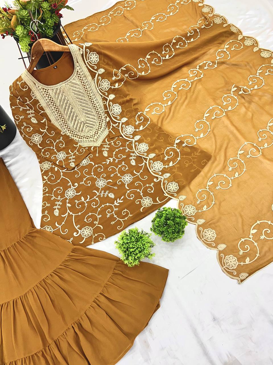 Designer Party Wear Look Top-Sharara And Dupatta With Heavy Embroidery Work