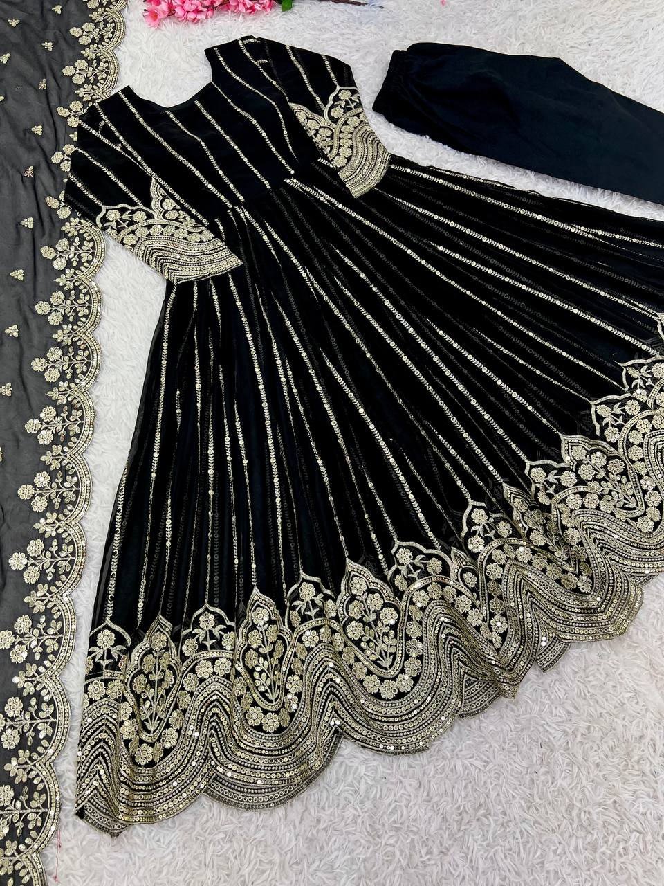 Fancy Naira Cut Gown, Bottom And Dupatta With Embroidery Sequence Work