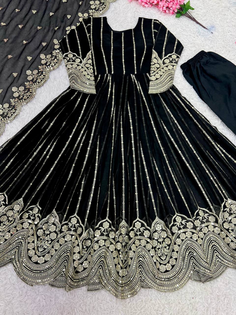 Fancy Naira Cut Gown, Bottom And Dupatta With Embroidery Sequence Work