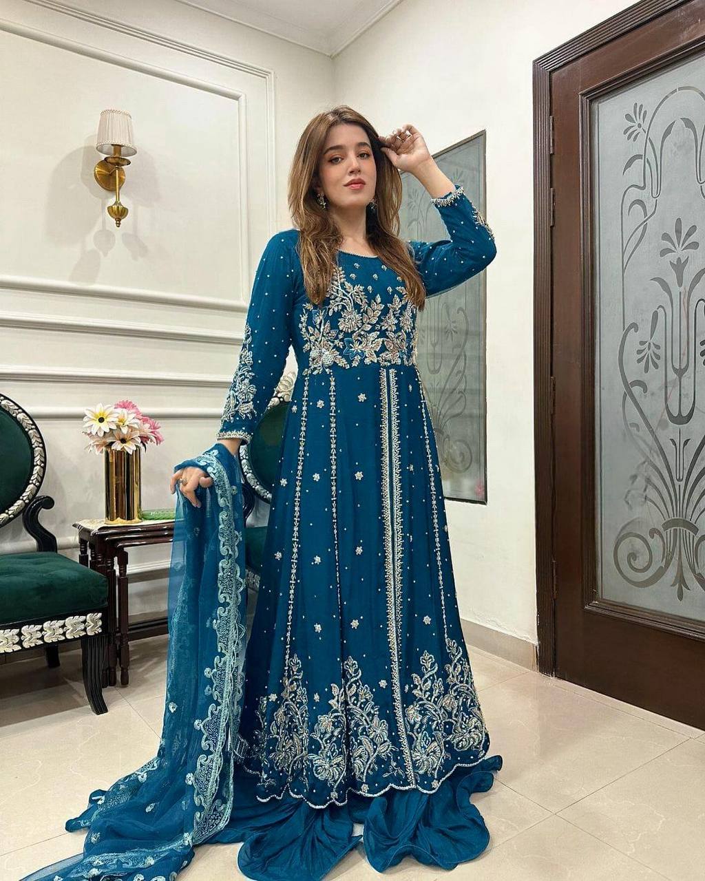 Designer Party Wear Gown With Zari Embroidery Work