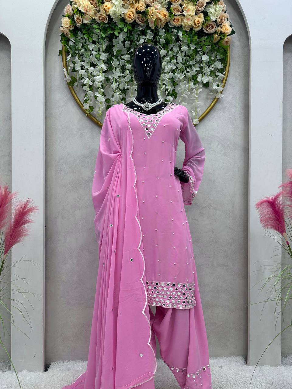 Party Wear Look Suit Set With Thread, Real Mirror And Moti Work