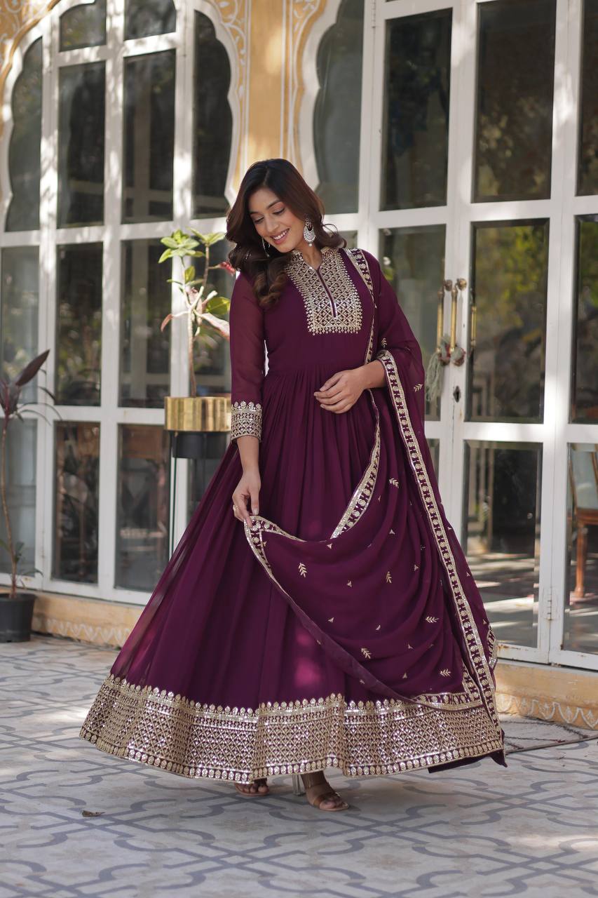 Party Wear Look Gown-Dupatta With Sequins Embroidered Work