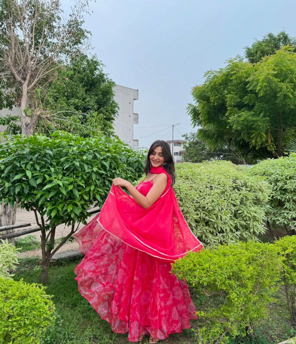 Digital printed Georgette Anarkali Gown With Bottom And Dupatta