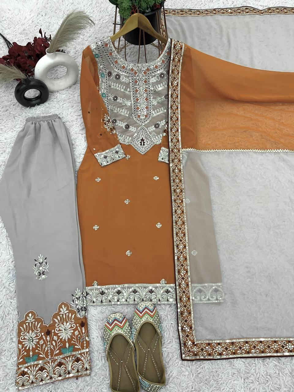 Beautiful Top-Bottom And Dupatta With Heavy Embroidery Sequence Work