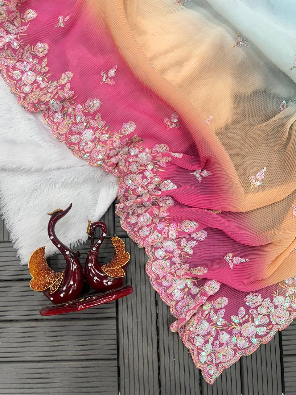 Party Wear Designer Saree With Sequence Embroidery Work