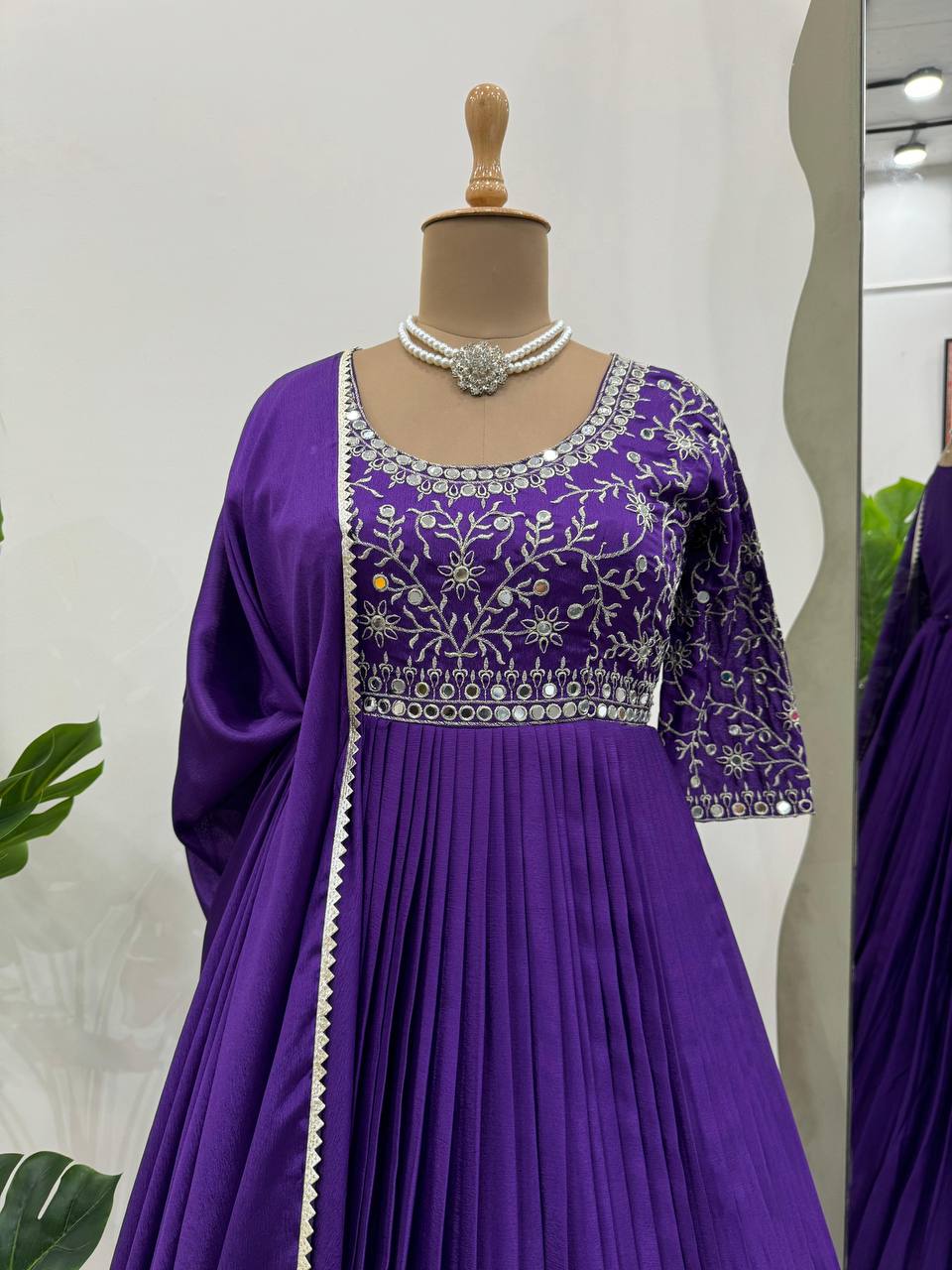 Party Wear Look Gown And Dupatta With Thread And Real Mirror Work