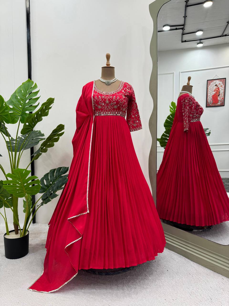 Party Wear Look Gown And Dupatta With Thread And Real Mirror Work