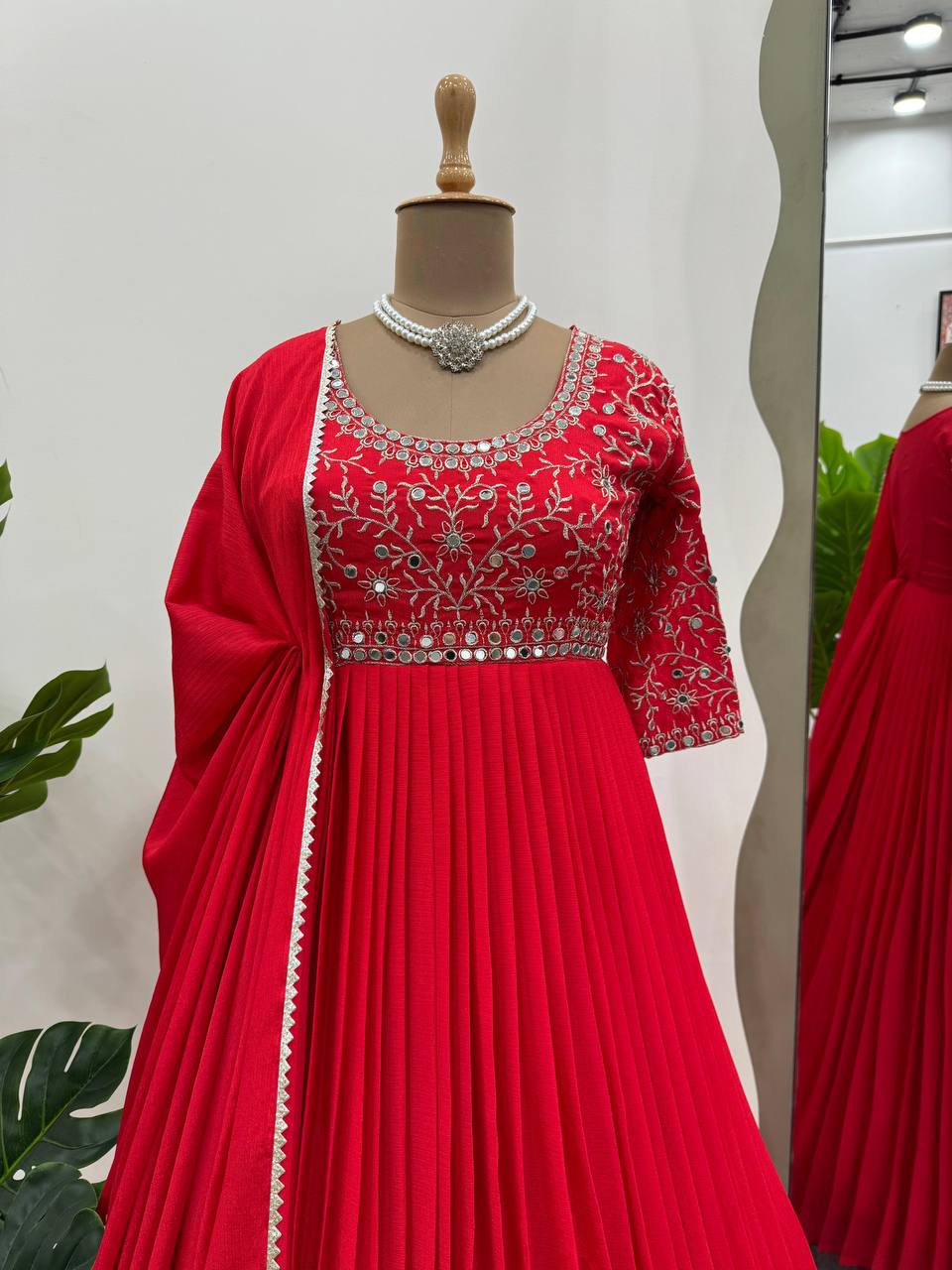 Party Wear Look Gown And Dupatta With Thread And Real Mirror Work