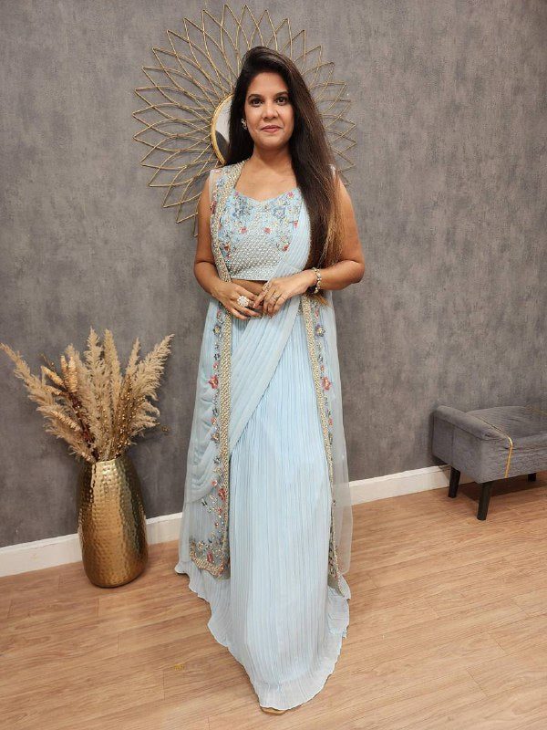 Party Wear Look Fancy Saree And Koti With Embroidery Work