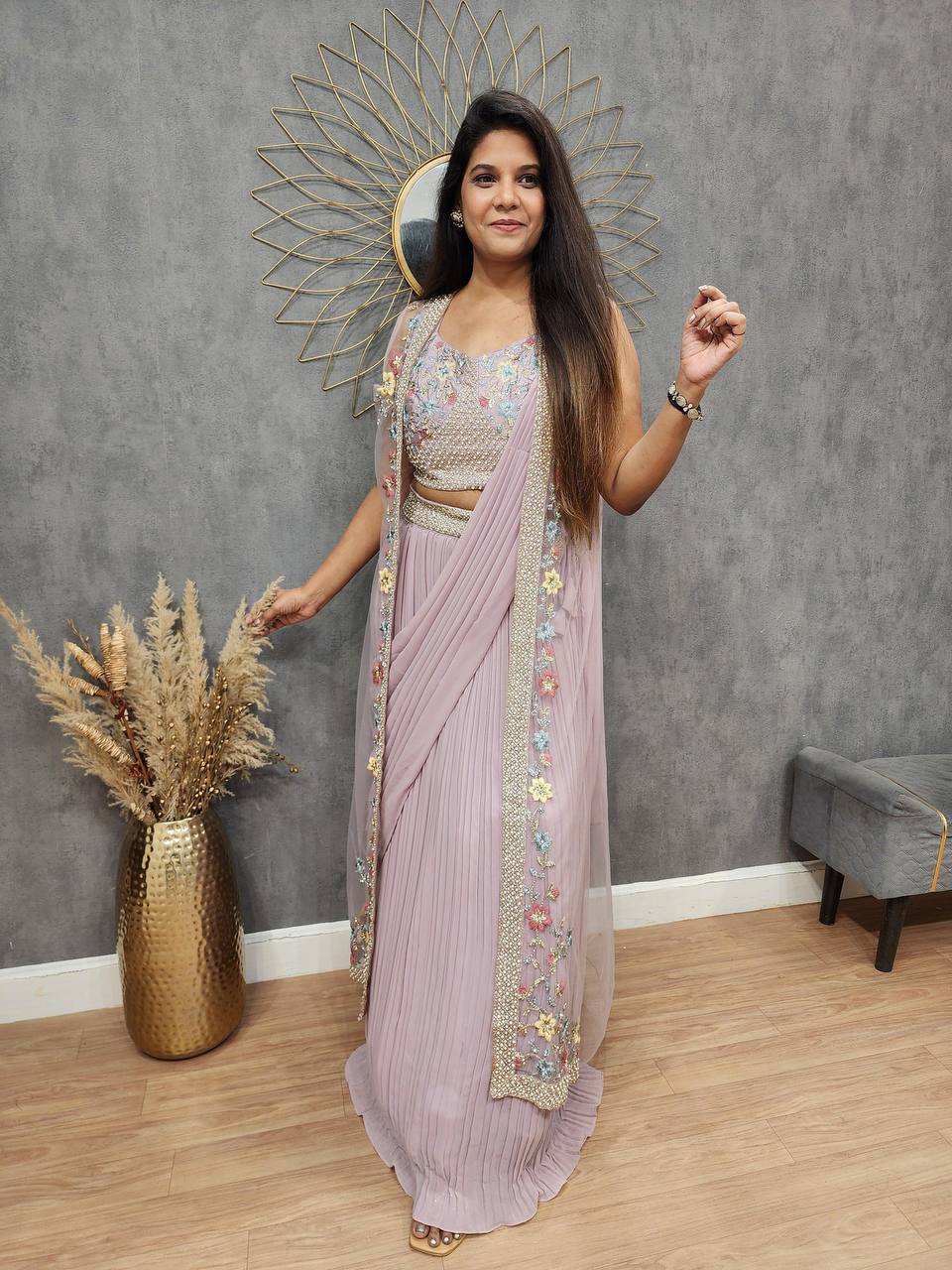 Party Wear Look Fancy Saree And Koti With Embroidery Work