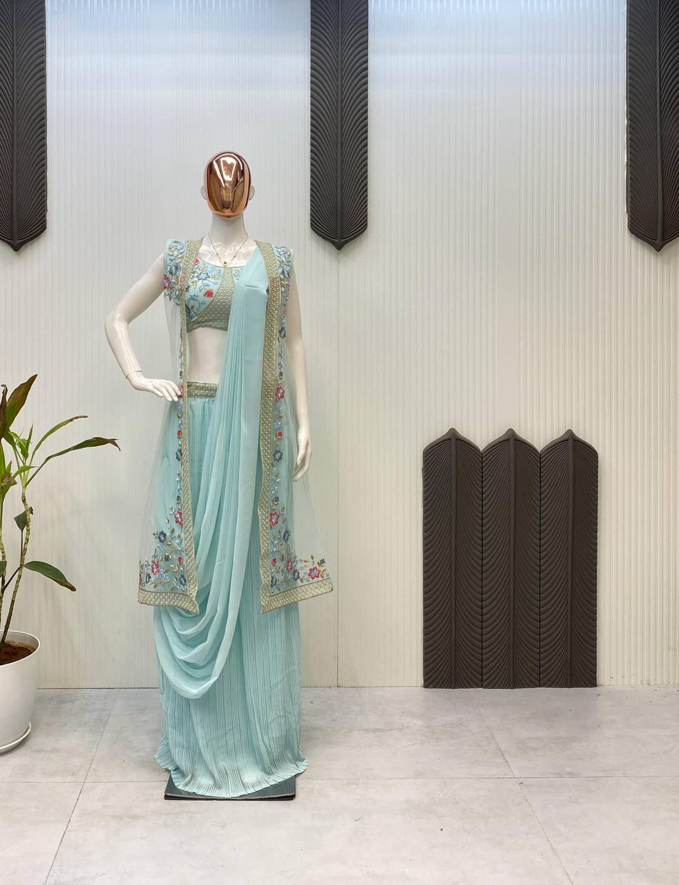 Party Wear Look Fancy Saree And Koti With Embroidery Work