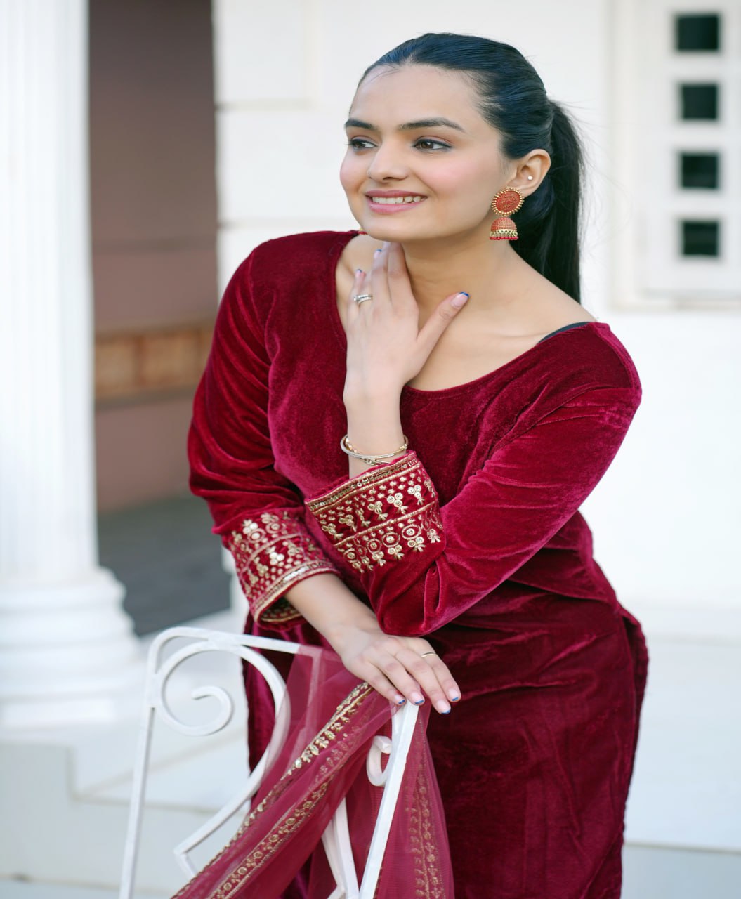 Beautiful Embroidered Velvet Suit With Sequence Embroidered Work