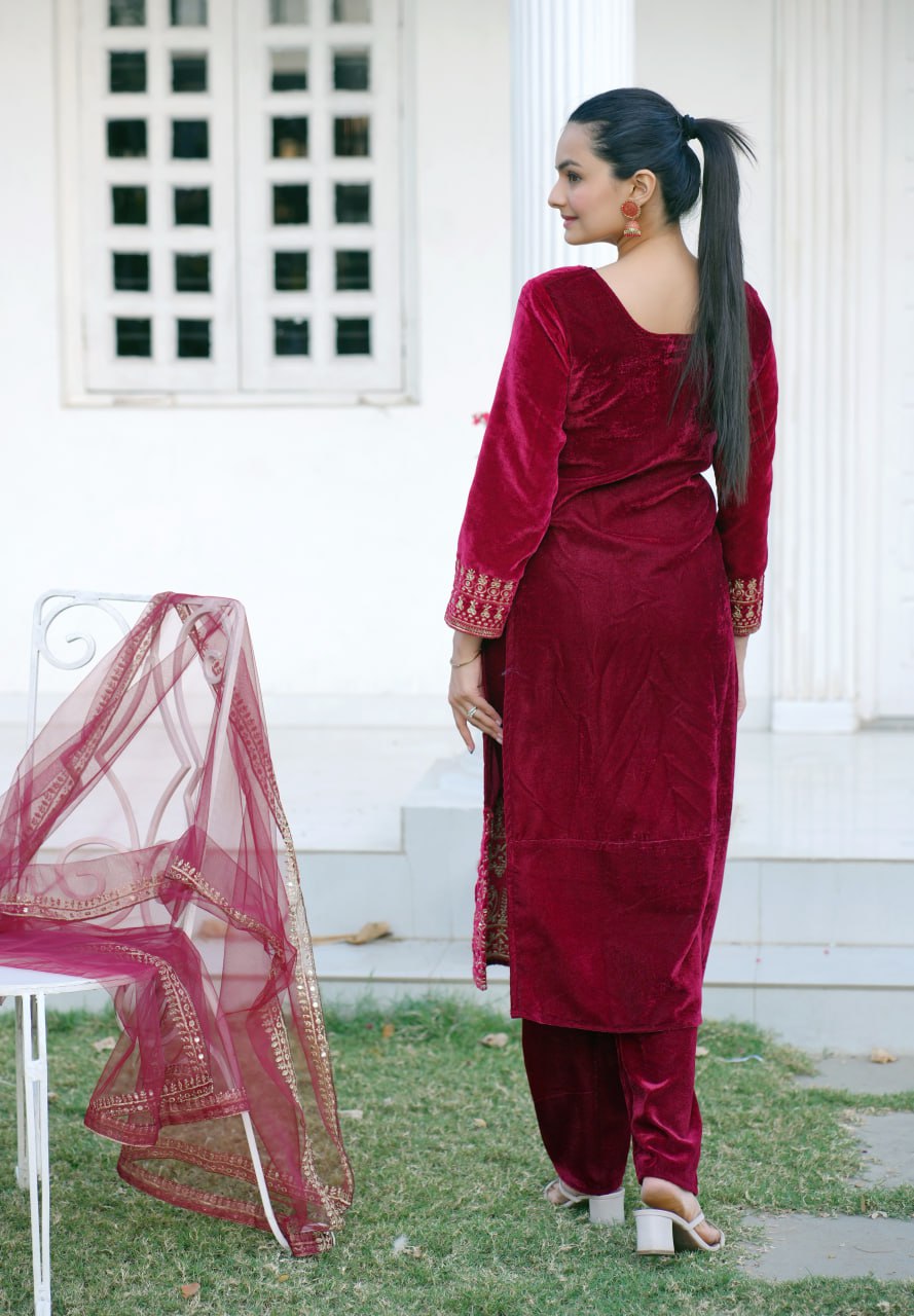 Beautiful Embroidered Velvet Suit With Sequence Embroidered Work