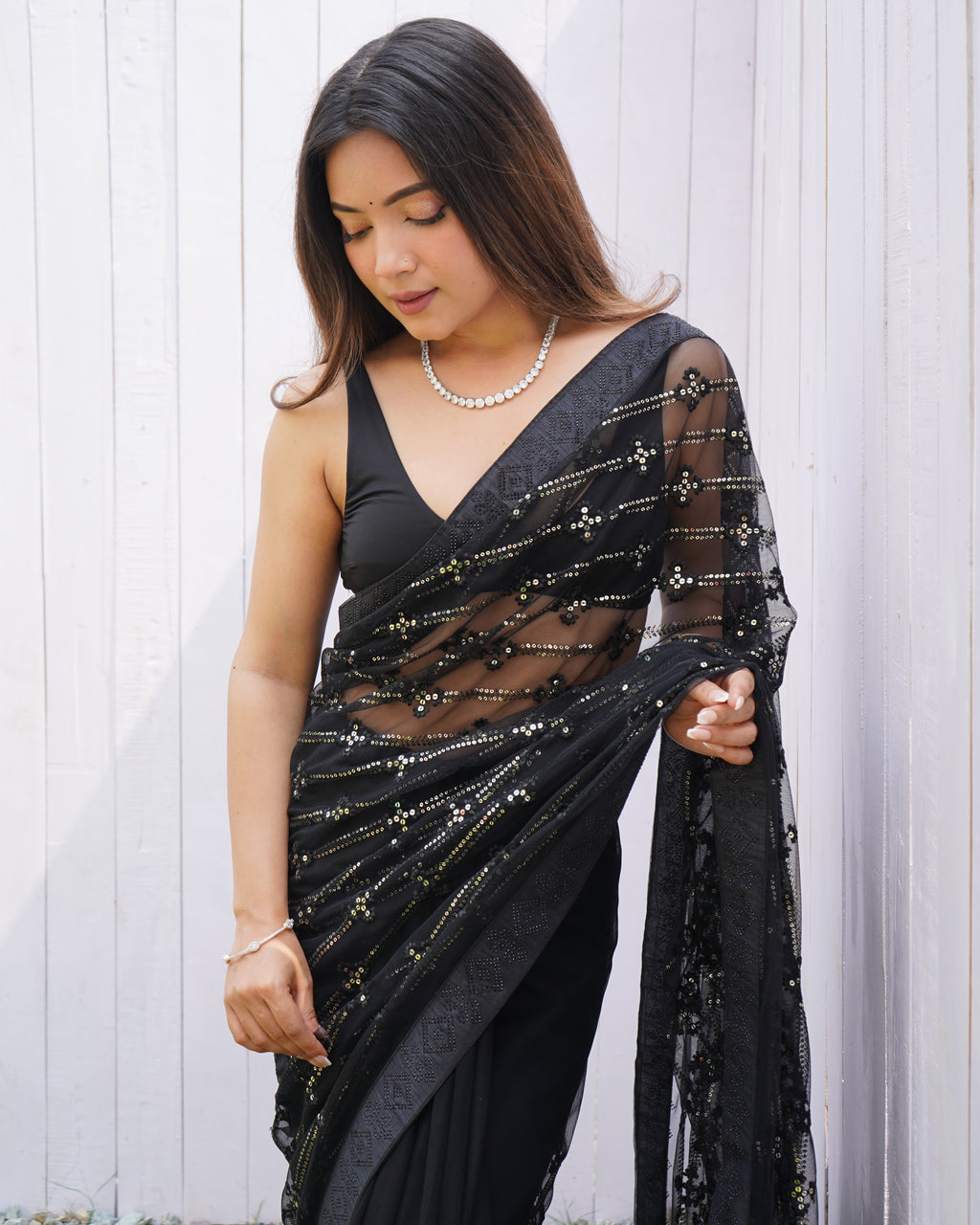 Fancy Saree With Multi Thread And Sequence Embroidery Work