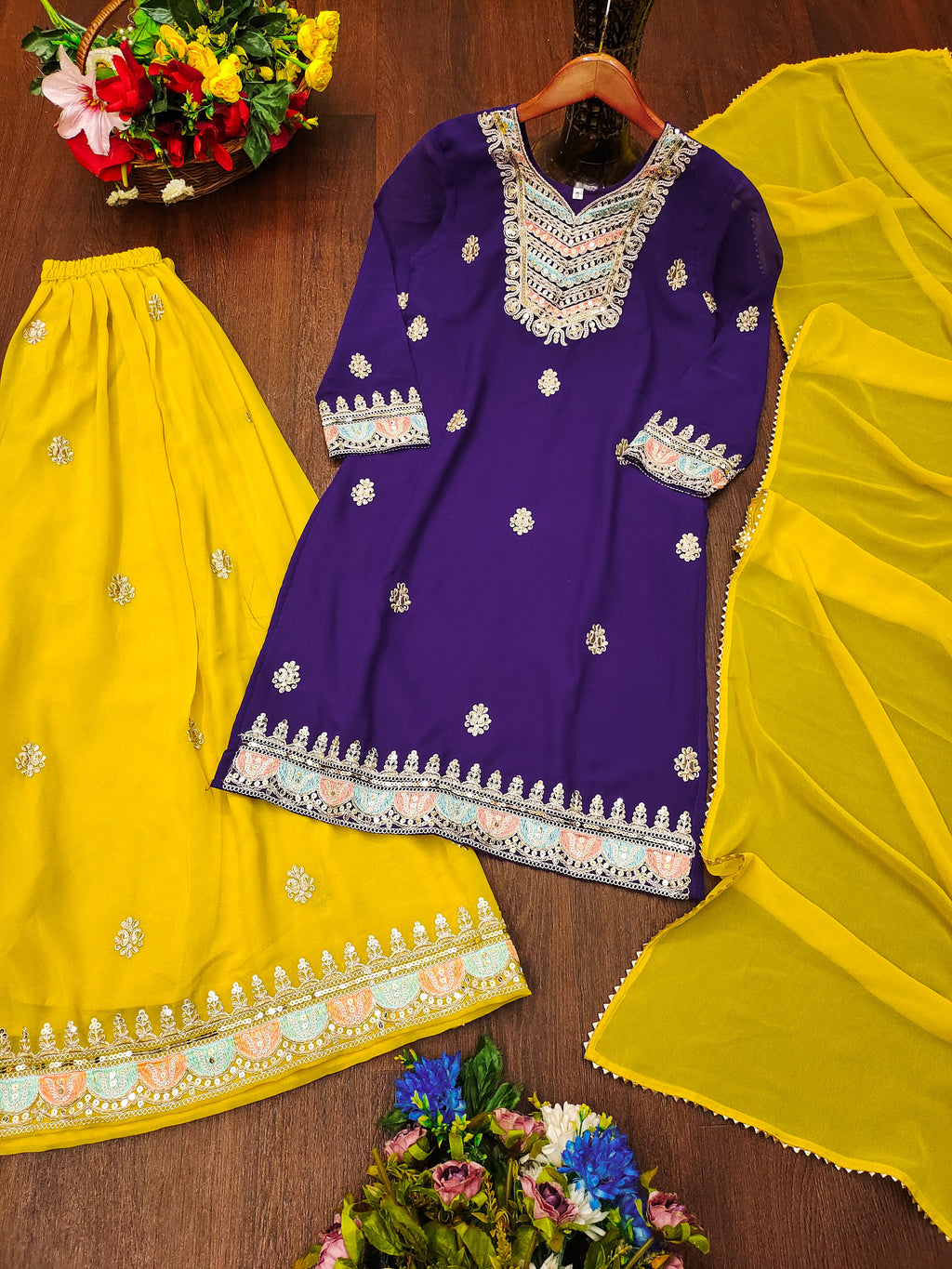 Party Wear Sharara Suit With Coding Sequence Embroidered Work