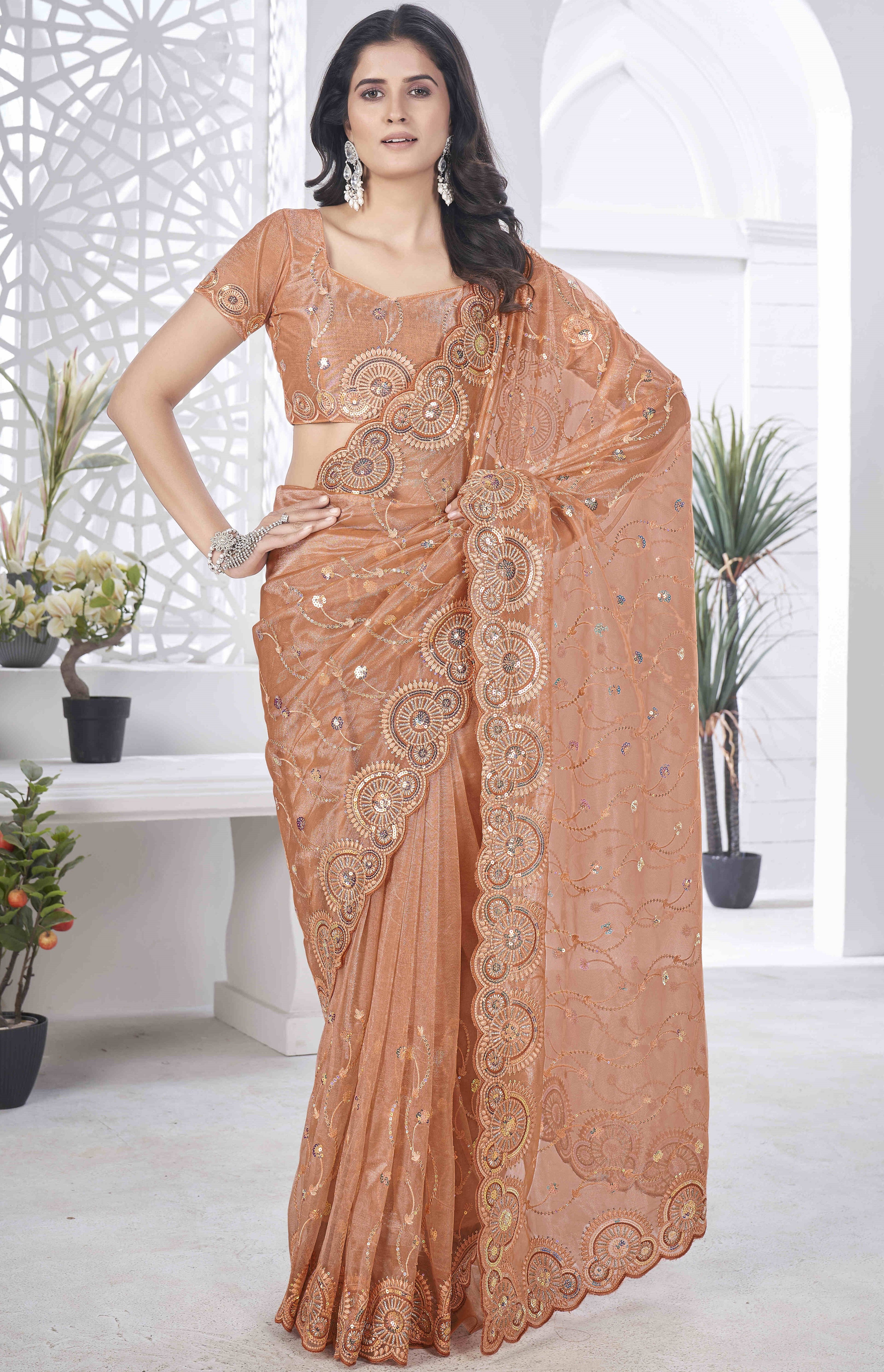 Designer Party Wear Saree With Thread Embroidery Work