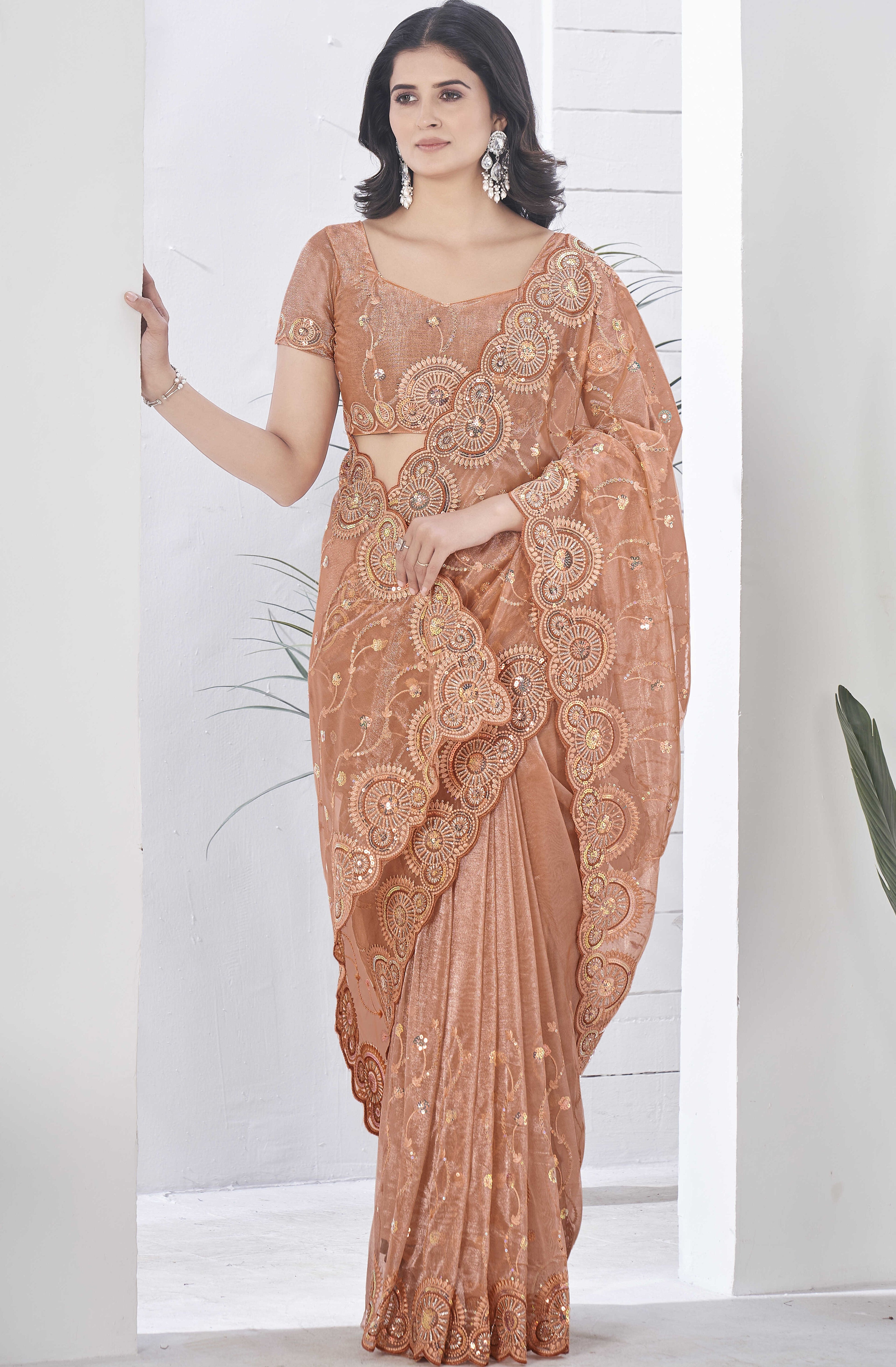 Designer Party Wear Saree With Thread Embroidery Work