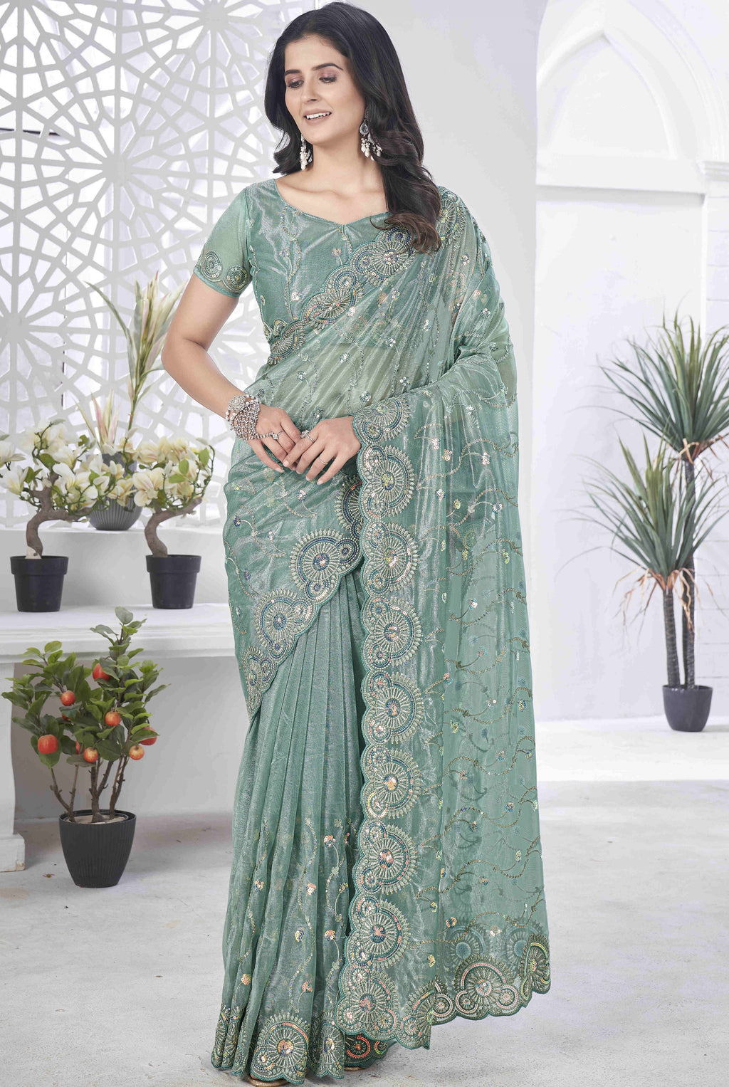 Designer Party Wear Saree With Thread Embroidery Work