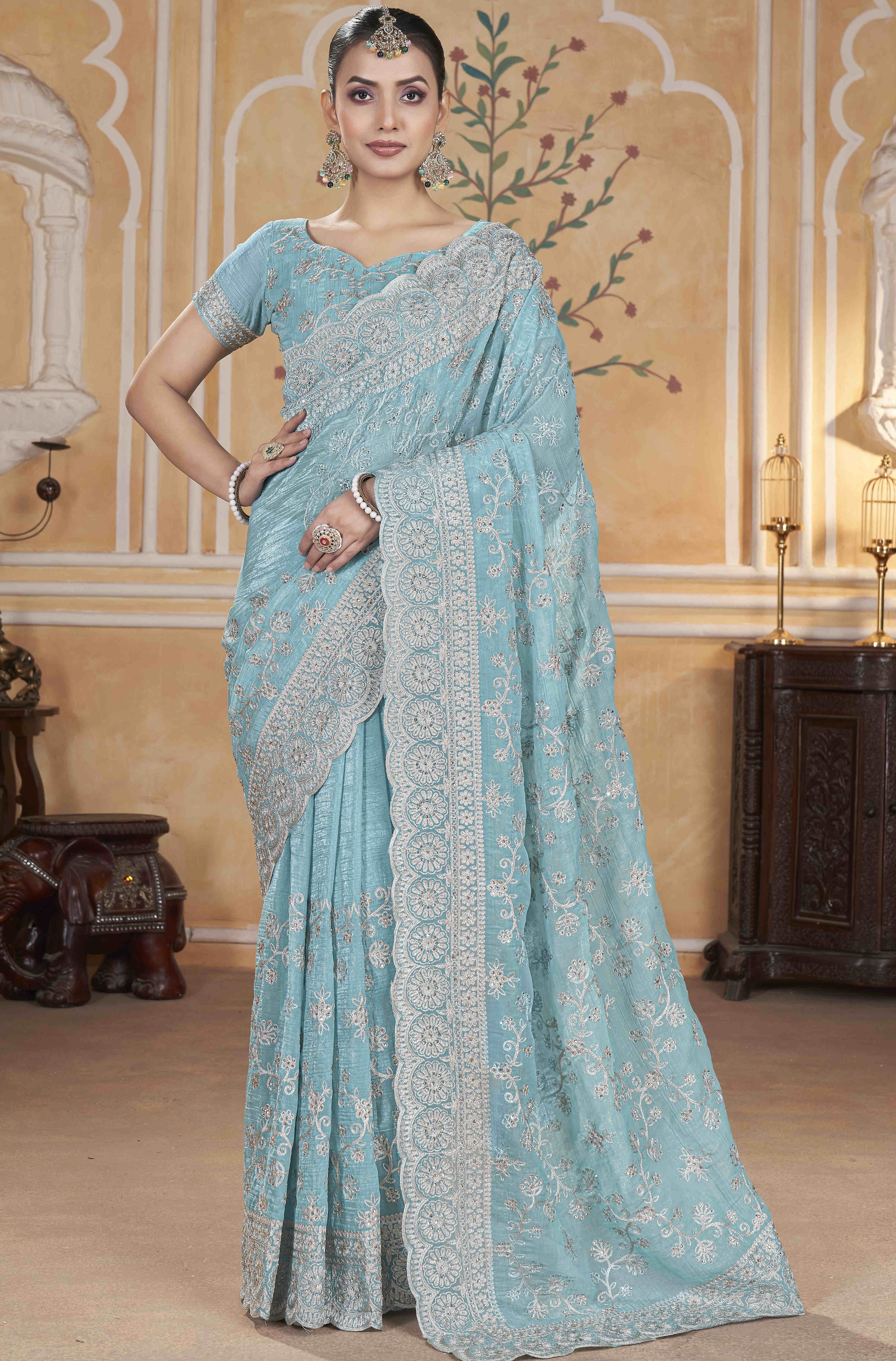 Fancy Saree With Zari Thread Embroidery And Diamond Work