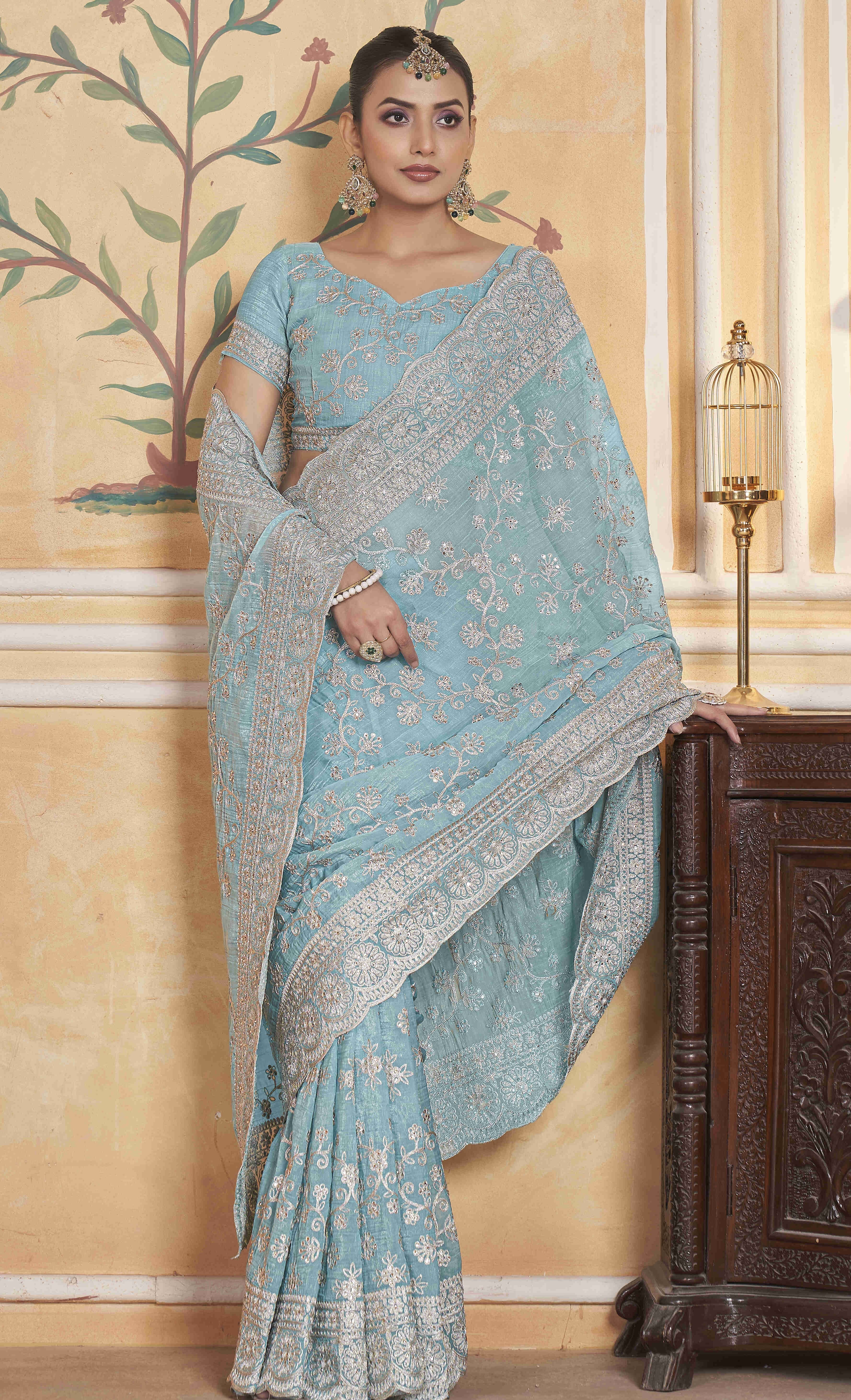 Fancy Saree With Zari Thread Embroidery And Diamond Work