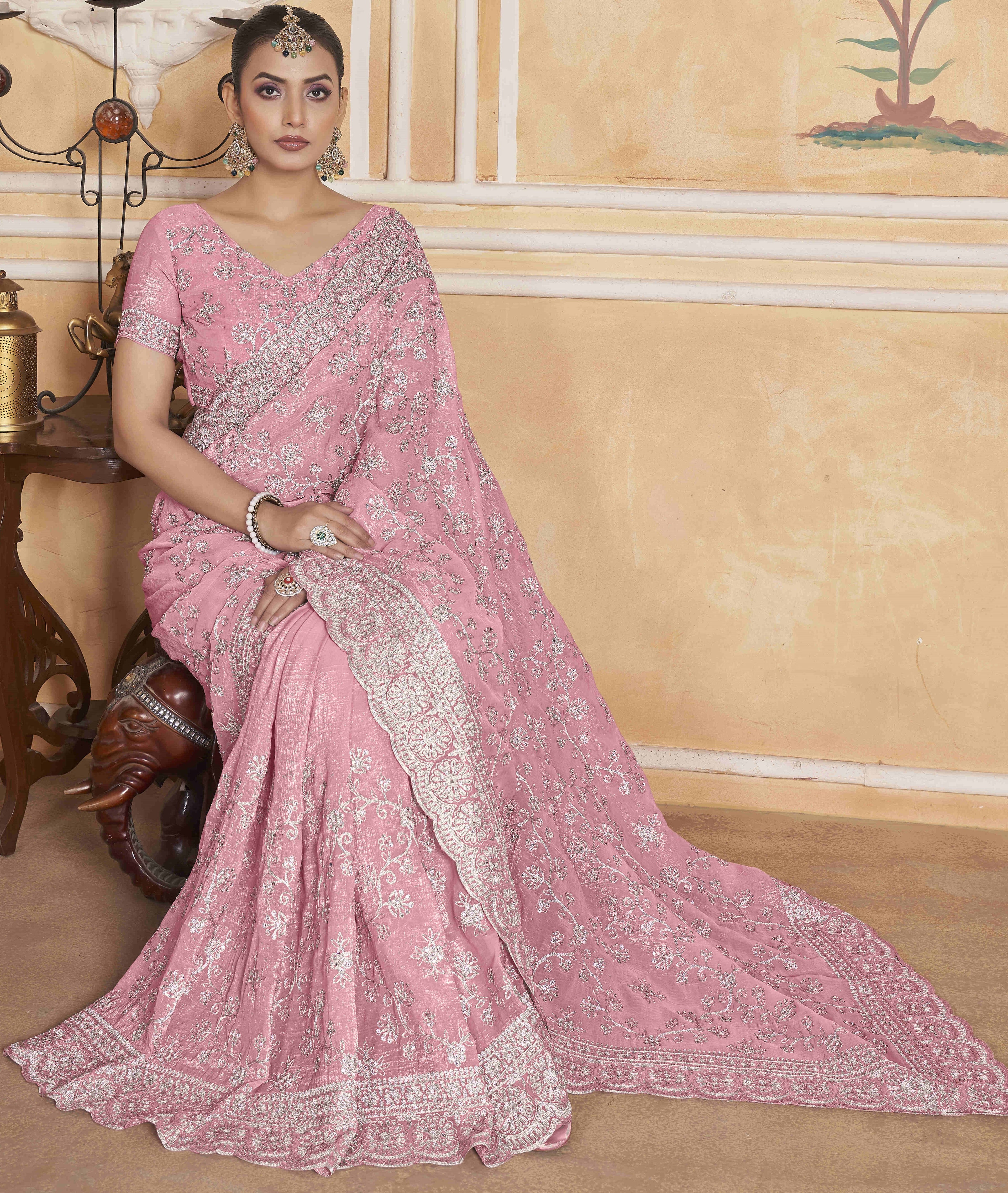 Fancy Saree With Zari Thread Embroidery And Diamond Work