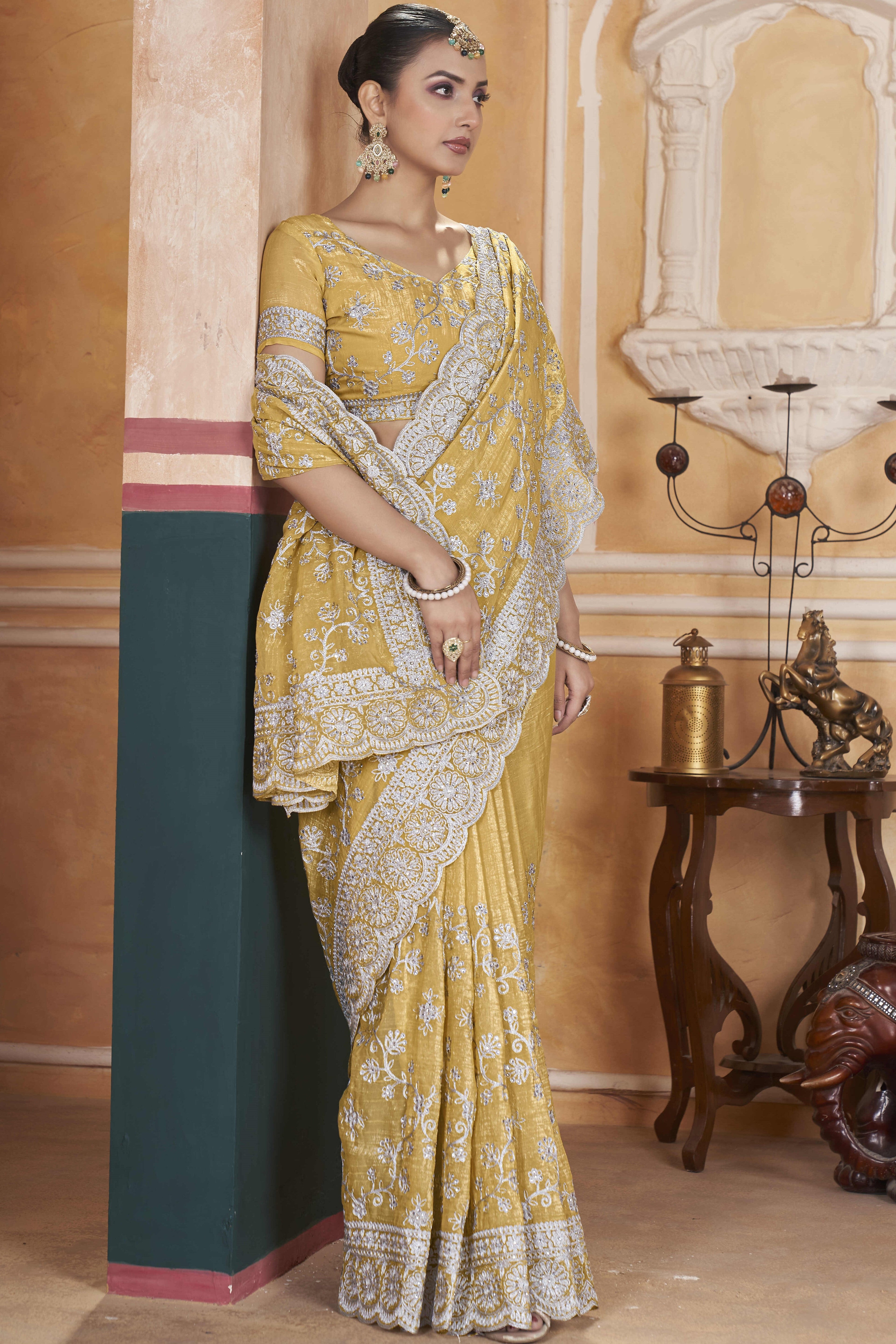 Fancy Saree With Zari Thread Embroidery And Diamond Work