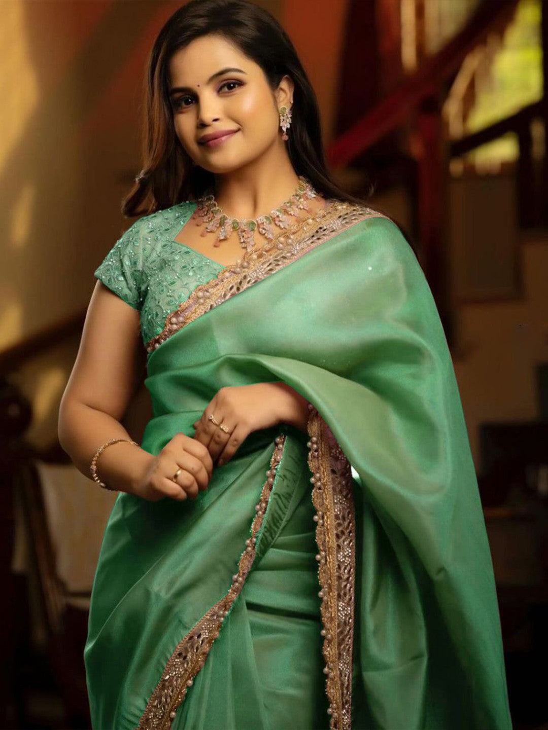 Designer Party Wear Look Saree With Real Mirror Work